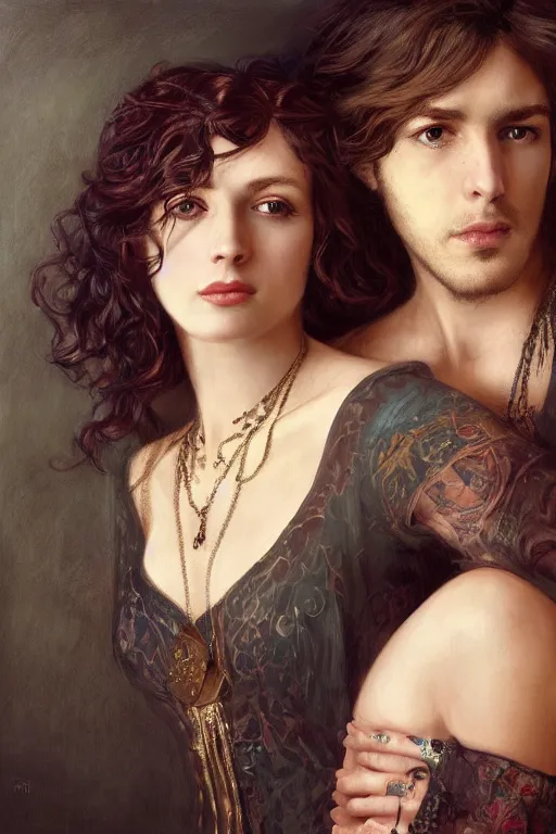 Image similar to a portrait of handsome young male rock star with long hair and his elegant beautiful bohemian wife, bored, illustration, dramatic lighting, soft details, painting oil on canvas, art nouveau, octane render, HDR, 4k, 8k, HD, by Edmund Blair Leighton, Brom, Charlie Bowater, trending on artstation, faces by Tom Bagshaw, Sargent