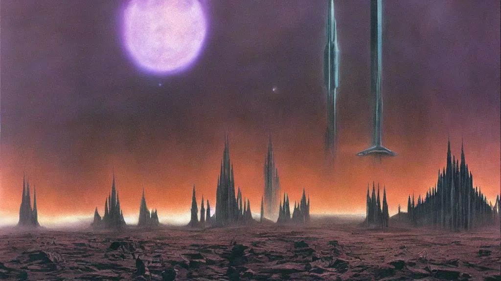 Image similar to eerie atmospheric alien planet with a cathedral like rocket by jack gaughan and bob eggleton and chris moore, epic cinematic matte painting