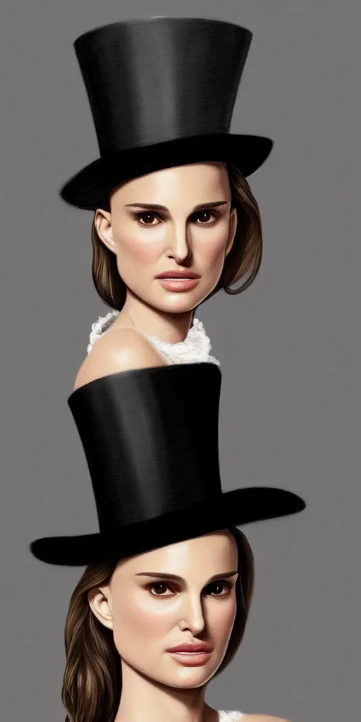 Image similar to Natalie Portman, wearing a top hat, very detailed portrait, ultrarealistic, dramatic lighting, electrical details, high details, 4k, 8k, best, accurate, trending on artstation, fur, artstation, photorealism, ultrarealistic, digital painting, style of Dali, Caravaggio, Boris Vallejo