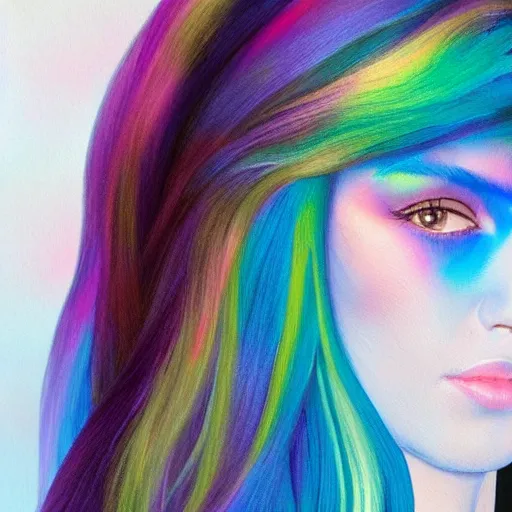 Prompt: a half painting half photo of a woman with iridescent hair
