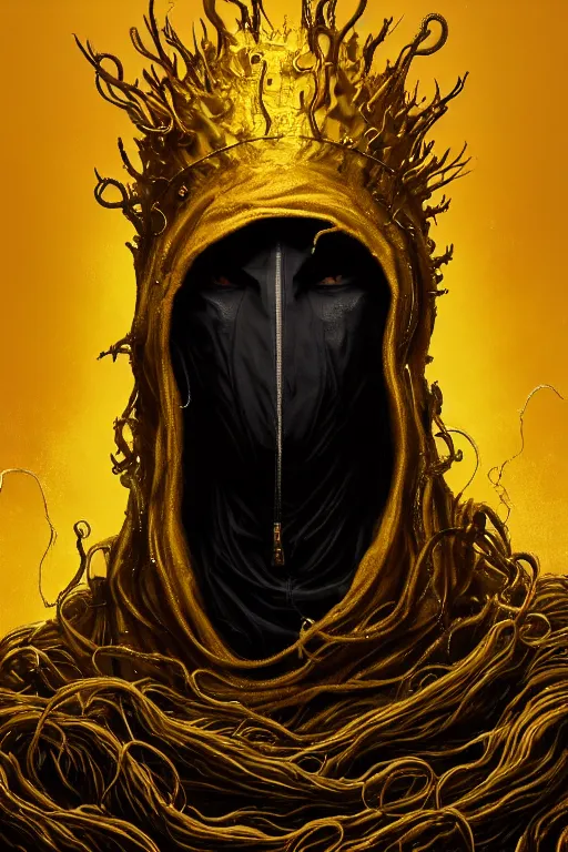 Image similar to A full body portrait of a mysterious character with no face with a very long hooded yellow cloak, a golden crown floating above his head tentacles coming out the ground art by Maciej Kuciara, Lee Griggs and Jason Chan, ominous, cosmic horror, trending on artstation, Ultra detailed, hyper realistic 4k