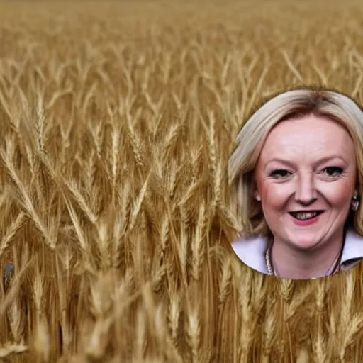 Prompt: cctv of a drunk liz truss in a wheat field