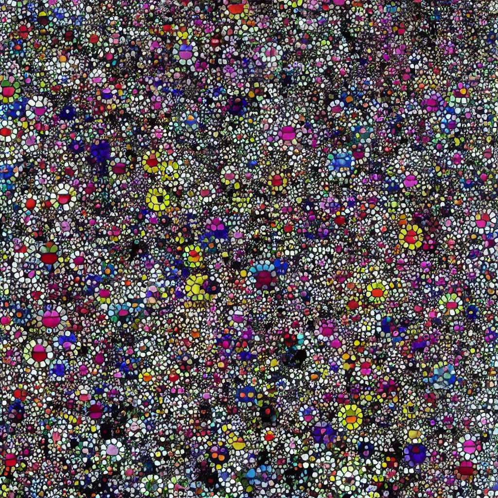 Image similar to camouflage made of flowers, style of takashi murakami, abstract, rei kawakubo artwork, cryptic, dots, stipple, lines, splotch, color tearing, pitch bending, color splotches, dark, ominous, eerie, minimal, points, technical, old painting