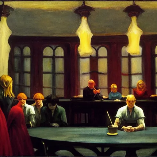 Image similar to the fellowship of the ring, painted by edward hopper, 4 k