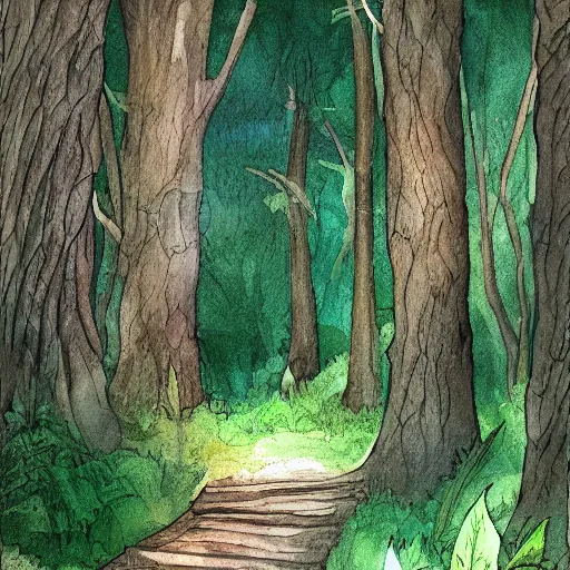 Prompt: a path leading out of a less dense forest, cartoony, detailed digital art, watercolor, lighting