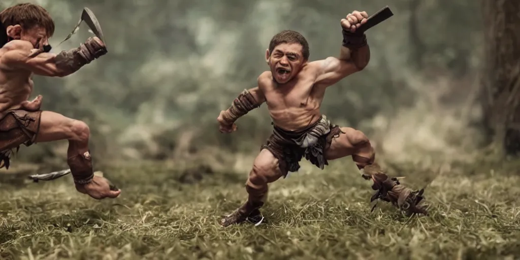 Image similar to 4k still of a ripped athletic halfling in combat