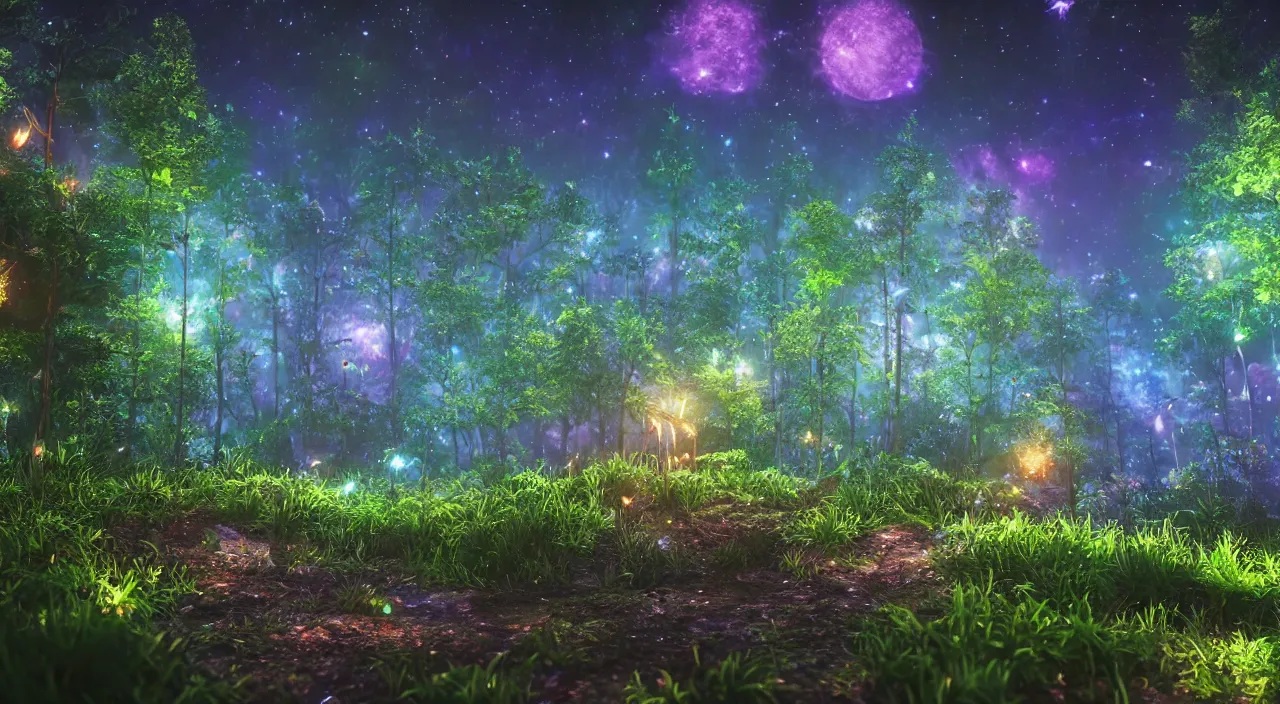 Image similar to A beautiful lush magic mana forest, night sky with dazzling stars, fairies, fireflies, bokeh, octane render, unreal engine, raytracing, crystallized, intricate, hyper detailed, light rays.