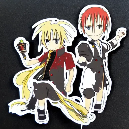 Image similar to die cut sticker, full metal alchemist al and alphons, splatter paint