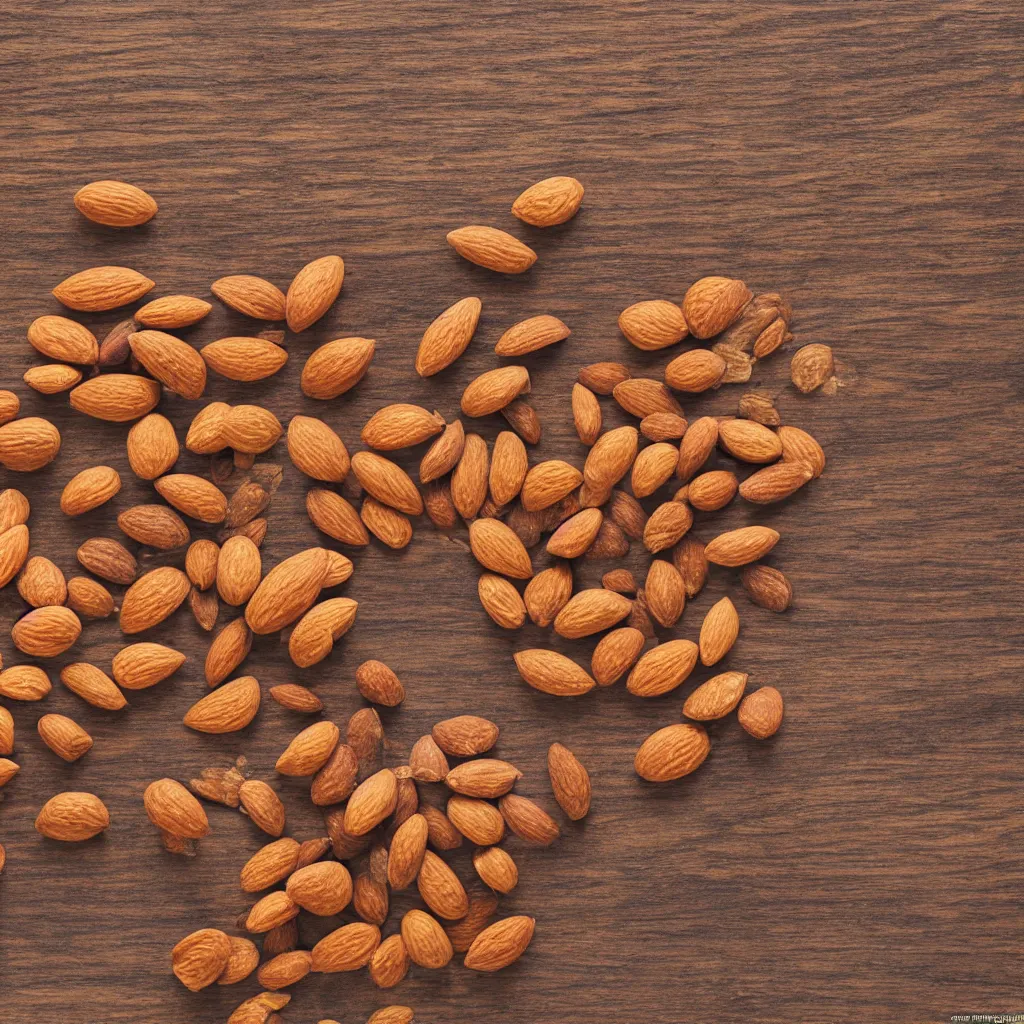 Image similar to top-down view with almonds top of a wooden table, wallpaper, 4k, photorealistic