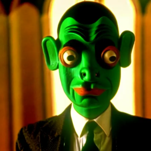 Image similar to mr. bean as the mask from the mask movie. movie still. cinematic lighting.