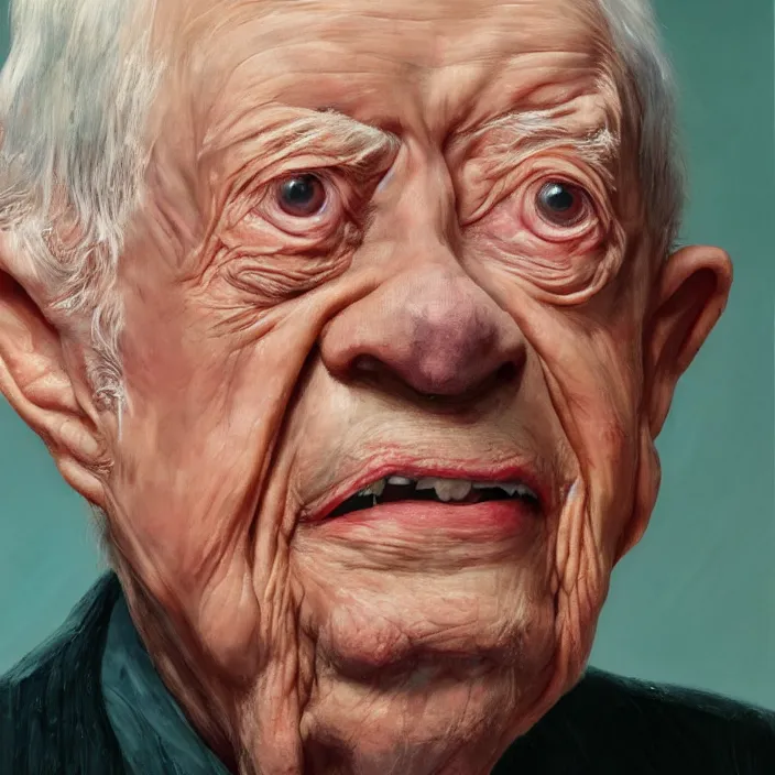 Image similar to hyperrealistic close up studio portrait of aging old Jimmy Carter age 103 wrinkled sorrowful, oil painting by Ivan Albright and Lucian Freud and Ron Mueck, trending on artstation Studio lighting hyperrealism