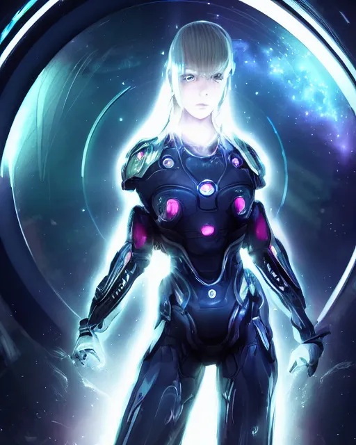 Image similar to photo of a android girl on a mothership, warframe armor, beautiful face, scifi, nebula, futuristic background, galaxy, raytracing, dreamy, atrractive, atmosphere, sparks of light, smiling, white hair, blue cyborg eyes, glow, insanely detailed, intricate, innocent, art by akihiko yoshida, antilous chao, voidstar