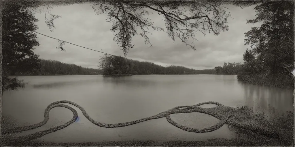 Image similar to centered photograph of a infintely long rope zig zagging across the surface of the water into the distance, floating submerged rope stretching out towards the center of the lake, a dark lake on a cloudy day, moody scene, trees in the background, hyper - detailed photo, anamorphic lens