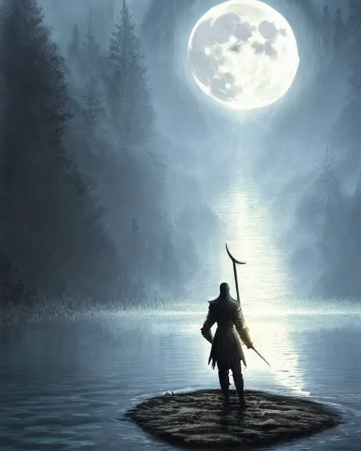 Image similar to legendary excalibur rising from the middle of a lake under a giant full moon, rippling reflections, no people, art by Raymond Swaziland and Greg Rutkowski, D&D, fantasy, intricate, elegant, highly detailed, digital painting, artstation, concept art, matte, sharp focus, illustration, masterpiece, stunning, artstation