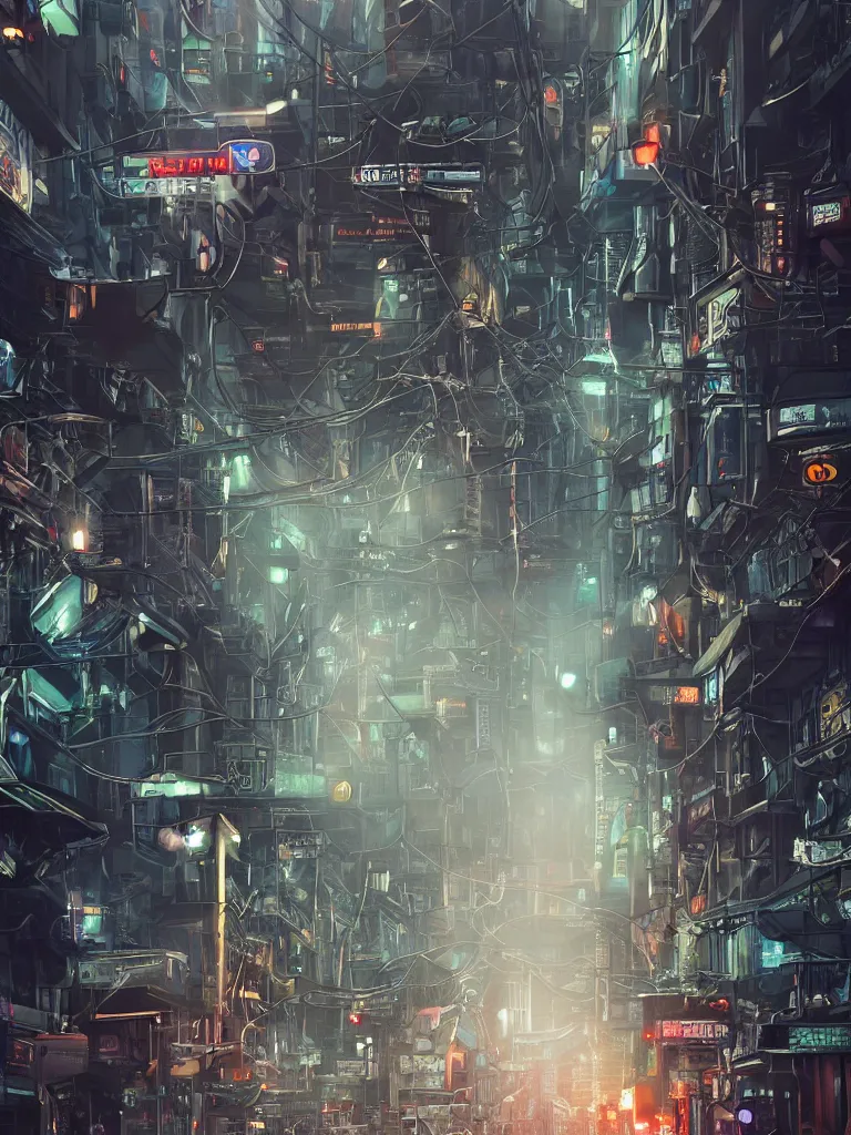 Image similar to futuristic dieselpunk street, cable stone ground. lots hanging cables, tiny wires on the ground. narrow, garbage on the ground. rain. fog, haze, evening. led screens. neon signs. golden hour. very sharp. cables on the ground. very messy. futuristic. photorealistic. artstation. anime. studio gimbli style. golden rate.