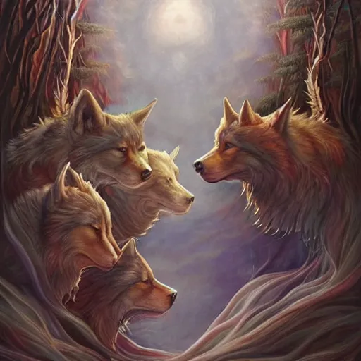 Image similar to enlightened pack of spirit wolves MICHAEL DIVINE and by AMANDA SAGE , trending on artstation