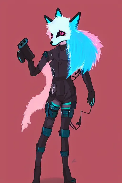 Image similar to a cute cyberpunk anthropomorphic fox with pink fur and blue eyes and a fluffy tail, comic art, trending on furaffinity, cartoon, kawaii, backlighting, furry art!!!, cel shading, concept art, lineless