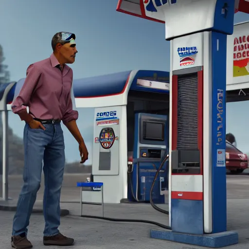 Image similar to barack obama wearing ripped jeans at a gas station, unreal engine, highly detailed render, 8 k