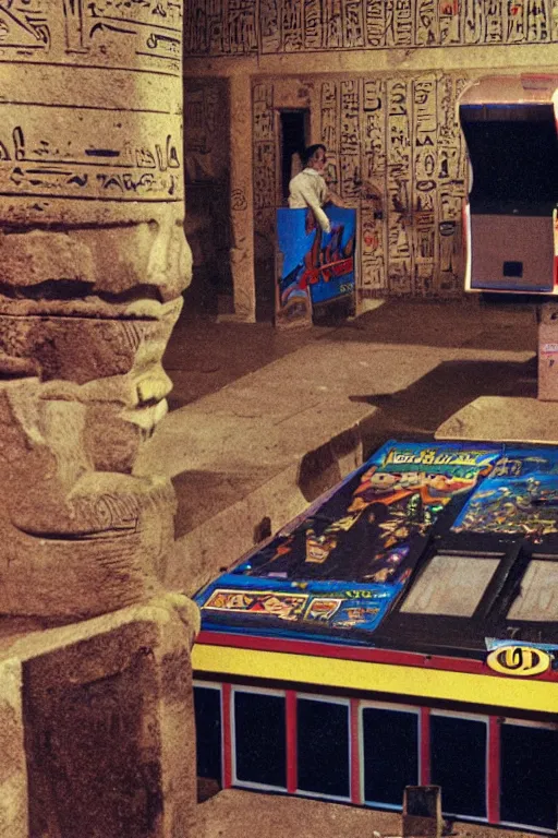 Image similar to magazine article about a videogame arcade in an egyptian temple, photojournalism, 1980s