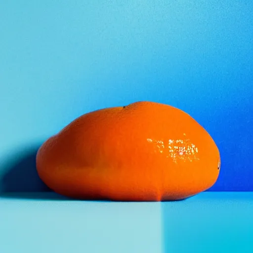 Image similar to a blue orange sliced in half laying on a blue floor in front of a blue wall, hyper realistic, ambient lighting, concept art, intricate, hyper detailed, smooth, dynamic volumetric lighting, octane, cinematic, high quality, high resolution, 4 k