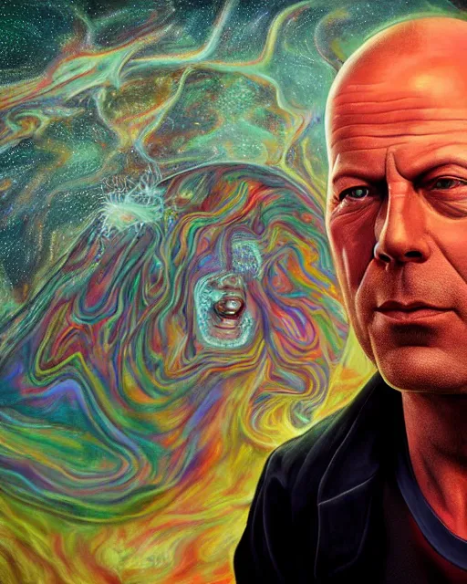 Prompt: portrait ultra dimensional bruce willis entity, accidentally tripping on dmt and acid, psychedelic experience, overwhelming psychosis of self realization and burning awakening, ultra high definition, unreal engine 5, hyperrealism, masterpiece composition, by casey weldon, barclay shaw 8 k photorealistic