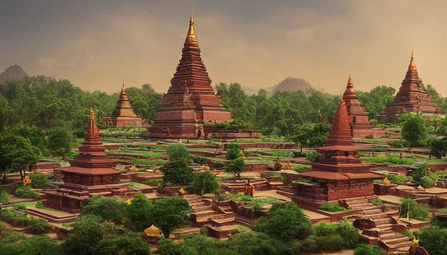 Image similar to matte painting of a beautiful mon - dvaravati village buddhist temple and stupa made by brick, crowded village, digital art, trending on artstation