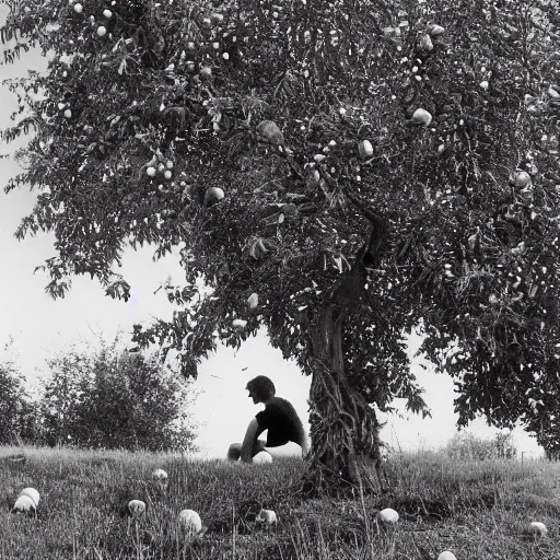 Prompt: I see them, see me, and see meadow surrounding me. I prop myself up in the uneven grass, pull my legs close and stand up. Next to me a sturdy but small tree. On it and around it apples. One of them, where I probably lay leaning against the tree, bitten.