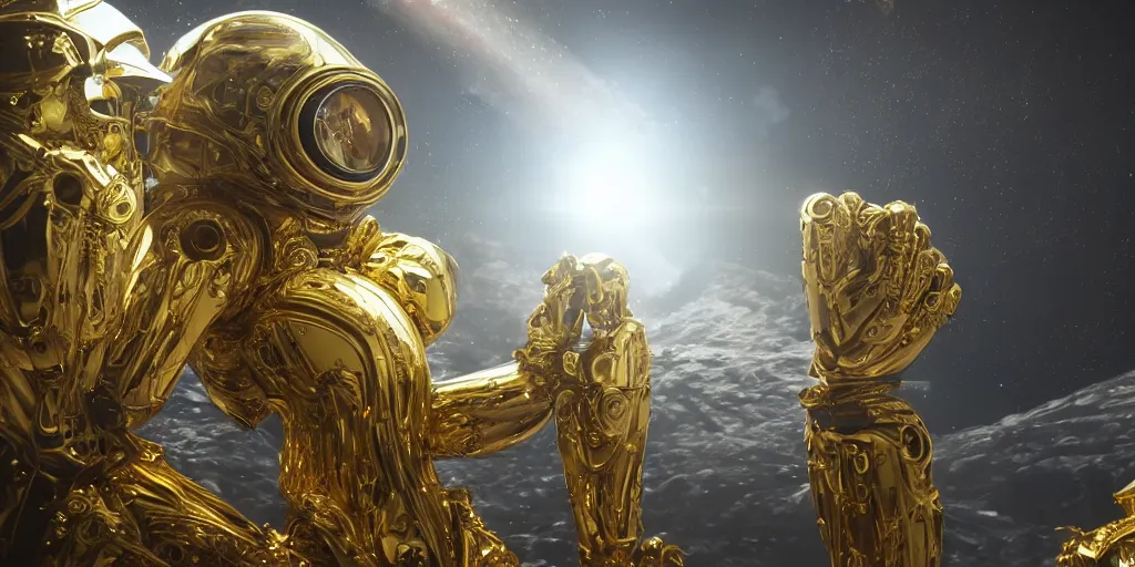 Prompt: a photo of 8k ultra realistic nanotech golden humanoid queen standing next to a spaceship window overlooking earth, 8 intricate white and gold tentacles, ornate white and gold armour, cinematic lighting, trending on artstation, 4k, hyperrealistic, focused, extreme details, unreal engine 5, cinematic, masterpiece