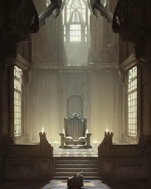 Image similar to middle ages throne room, empty, dim light | | realistic shaded, fine details, realistic shaded lighting poster by greg rutkowski, diego gisbert llorens, magali villeneuve, artgerm, jeremy lipkin and rob rey