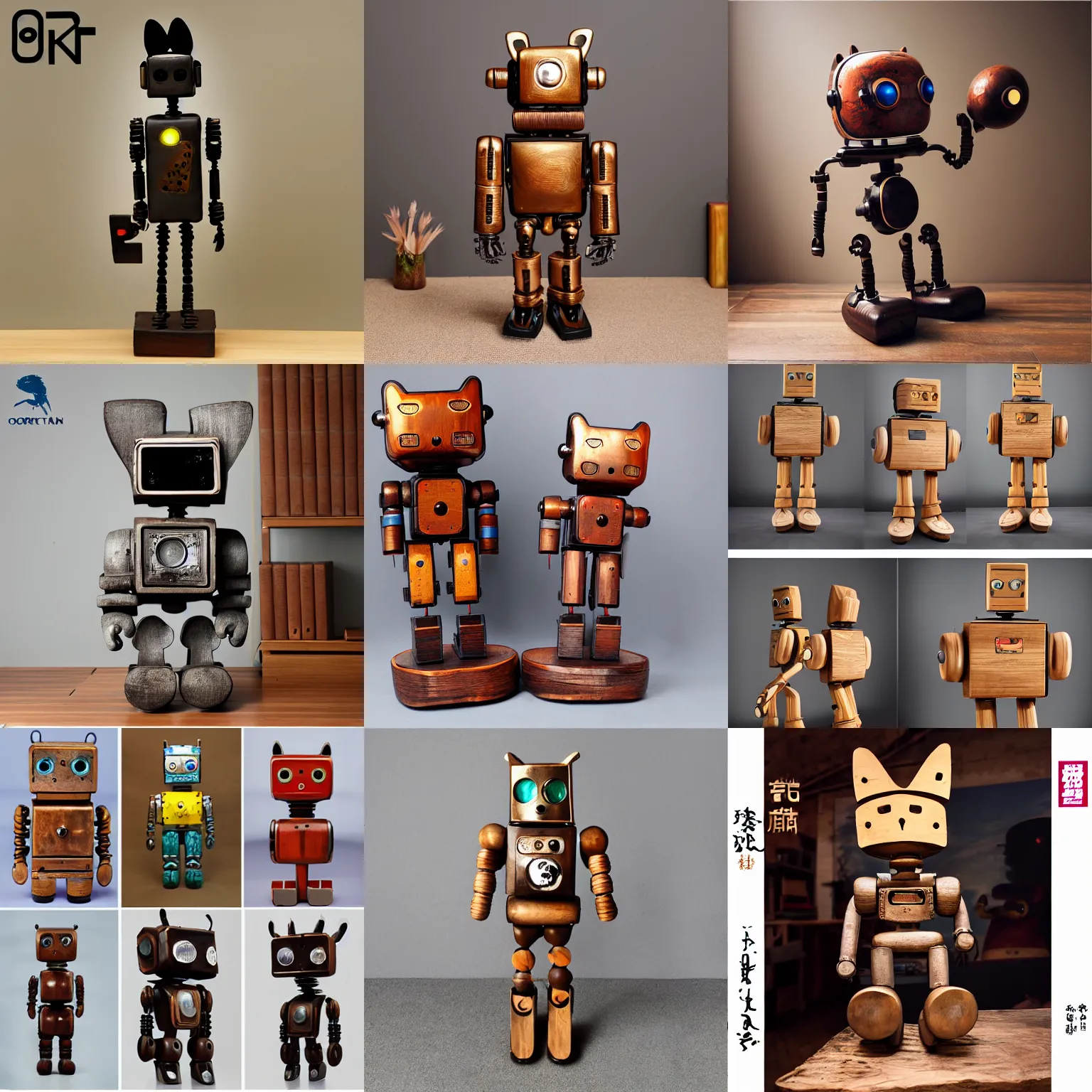 Prompt: 8k octan advertising photo a totally wooden sculpture collection art toys on feet very cute rétro robot zen with cat ears cyberpunk a contemporary art gallery