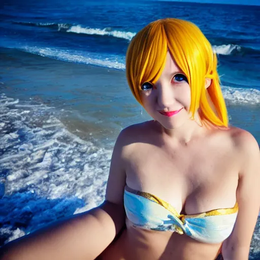 Prompt: headshot of a cute girl cosplaying as Nami from One Piece standing on a beach, cosplay, close up, photo by Sarah Moon