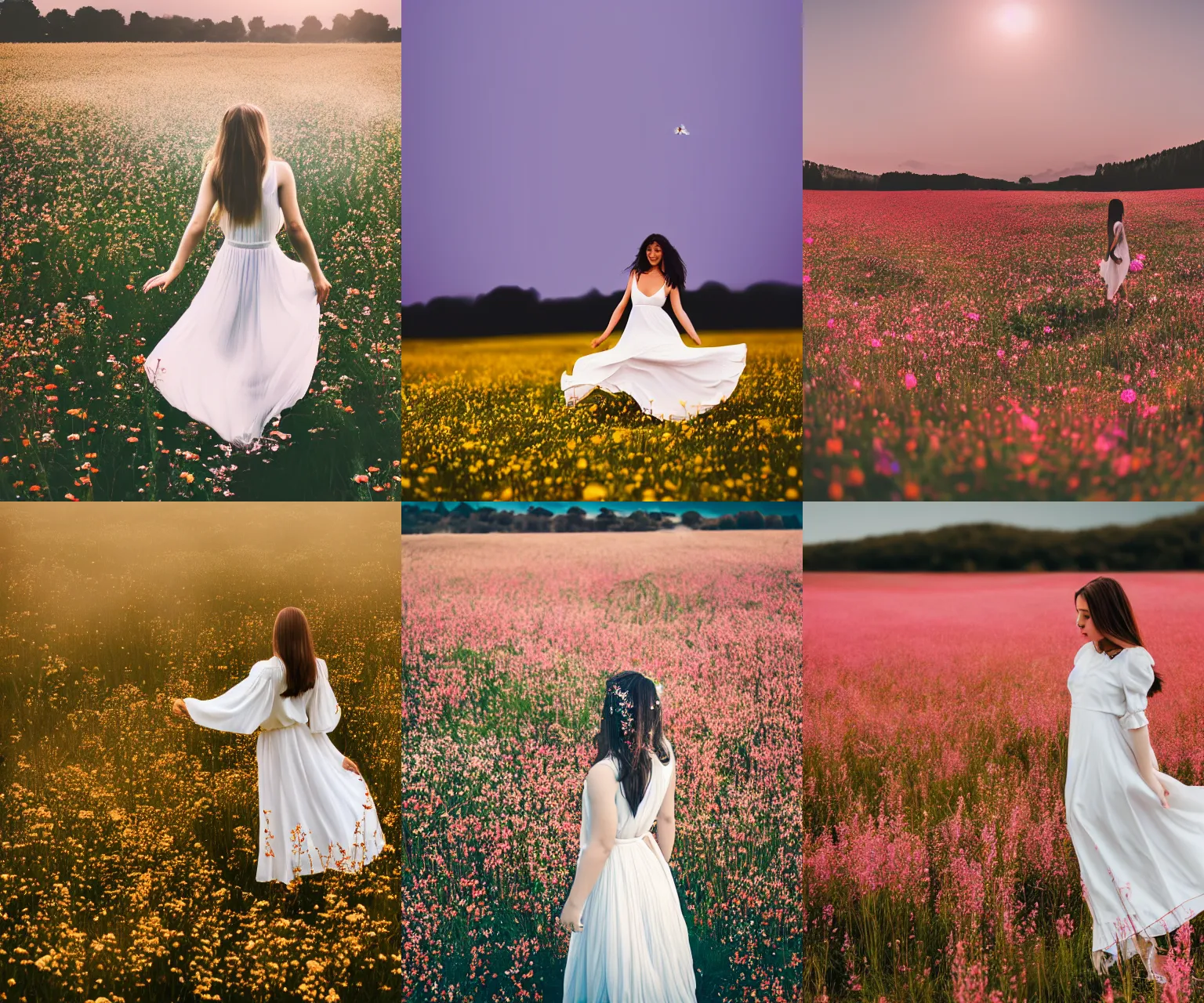 Image similar to 50mm DSLR photograph of a stunning flower meadow at morning, ethereal female in a white dress dancing in the center, soft lighting, photography, panoramic view, Hyperdetailed, Lightroom preset, photorealistic, Unsplash