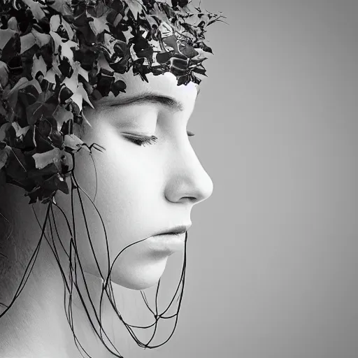 Prompt: “side profile of young woman blindfolded by vines”