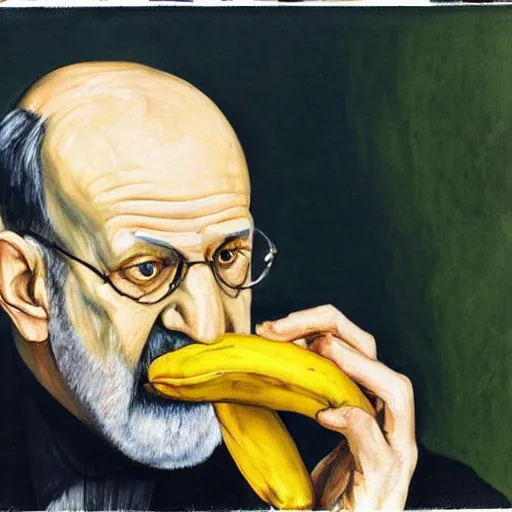 Image similar to “ painting of sigmund freud eating a peeled banana, freudian, by lucian freud ”