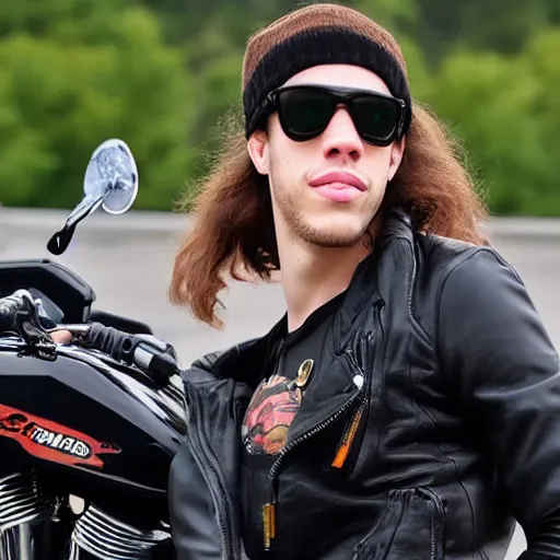 Image similar to pete davidson wearing a bikini on a motorcycle with long flowing hair