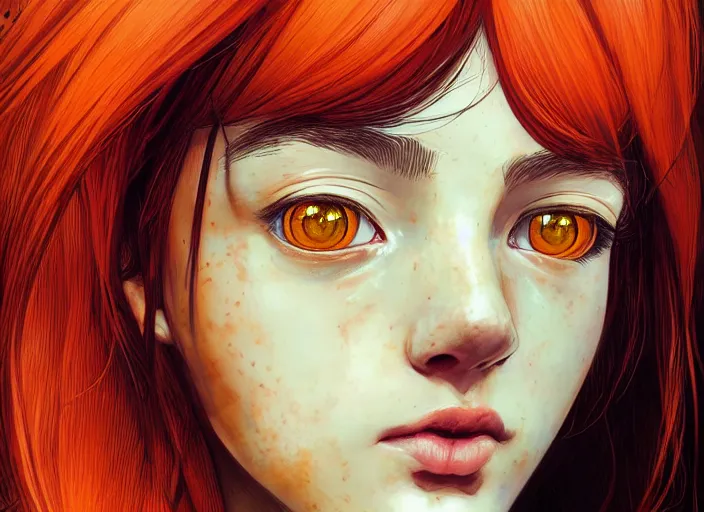 Prompt: portrait Anime Girl with orange hair and freckles, green eyes fine face pretty face, realistic shaded Perfect face, fine details. Anime. fine face, dark skin, realistic shaded, fine details. Anime, cyberpunk. realistic shaded lighting by Ilya Kuvshinov and Gustav Klimt