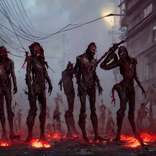 Prompt: Zombie horde standing on street of postapo city, symmetrical artwork ultra HD, 4k, concept art by Artgerm and Greg rutkowski, trending on artstation HQ, octane render