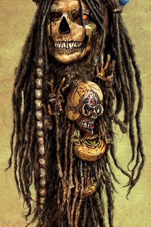 Image similar to a photorealistic of horror shaman with dreadlocks in sacrament of death and destruction