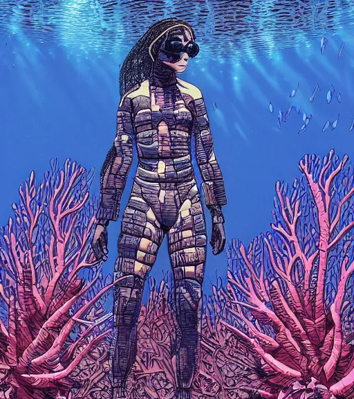 Image similar to a cyberpunk diver Polynesian woman swims through a dark alien coral reef, techwear, Industrial Scifi, detailed illustration, character portrait, by Martin Grip and Moebius