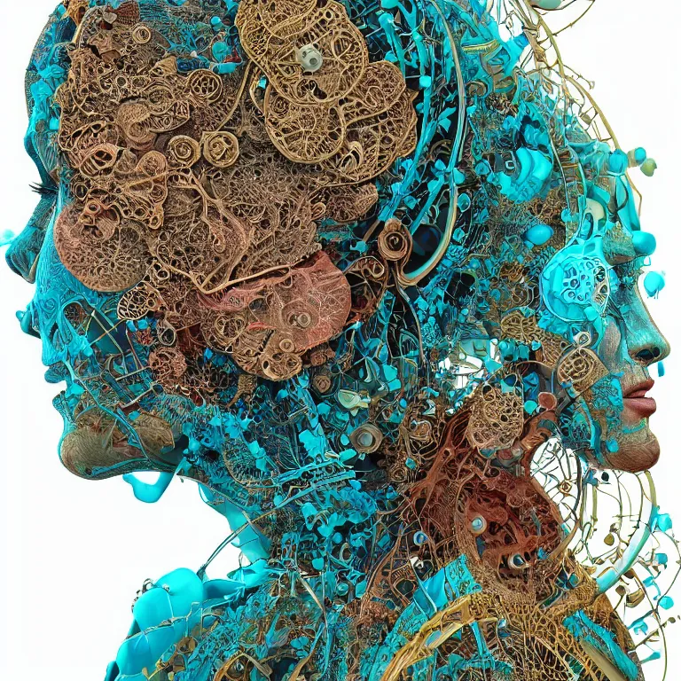 Prompt: cinema 4d colorful render, organic, ultra detailed, of a beautiful old aboriginal woman face. biomechanical cyborg, analog, macro lens, beautiful natural soft rim light, big leaves and stems, roots, fine foliage lace, turquoise gold details, high fashion haute couture, art nouveau fashion embroidered, intricate details, mesh wire, mandelbrot fractal, anatomical, facial muscles, cable wires, elegant, hyper realistic, in front of dark flower pattern wallpaper, ultra detailed