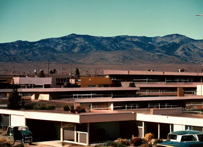 Image similar to a midcentury modern motel in reno nevada in the year 1 9 6 7