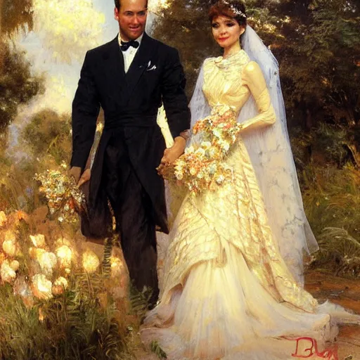 Prompt: detailed painting of young prince william marrying attractive audrey hepburn, highly detailed painting by gaston bussiere, craig mullins, j. c. leyendecker 8 k, smiling couple, royal painting, human face