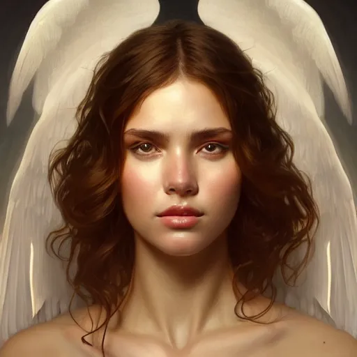 Image similar to wide angle full body portrait of an angel with a perfect face and perfect body, intricate, highly detailed, digital painting, artstation, concept art, smooth, sharp focus, illustration, Unreal Engine 5, 8K, art by artgerm and greg rutkowski and alphonse mucha