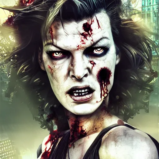 Image similar to angry zombie portrait of milla jovovich, a urban city background, grimdark horror, stylized digital illustration, radiating a glowing aura, global illumination, ray tracing, hdr, fanart arstation by ian pesty and katarzyna bek - chmiel