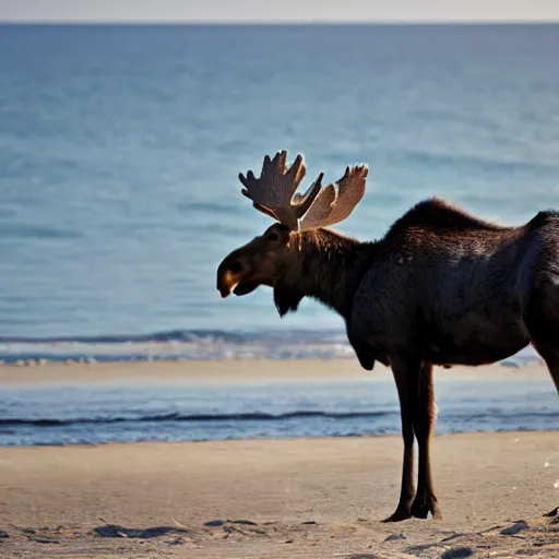 Prompt: photo of a moose at the beach in Tel Aviv, 50mm, beautiful photo