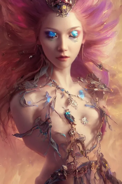 Image similar to face closeup of extremely beautiful girl necromancer, magical fairy flowers and ice velvet, diamonds, angels, 3 d render, hyper - realistic detailed portrait, holding fire and electricity rainbow, ruan jia, wlop. scifi, fantasy, magic the gathering, hyper detailed, octane render, concept art, peter mohrbacher