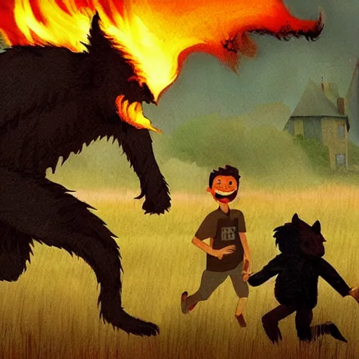 Prompt: a giant werewolf running after a little boy farmer holding a flaming torch toward a wheat field, an old wooden house in the background