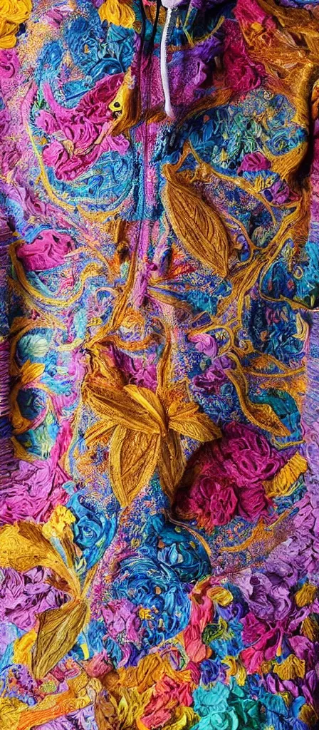 Prompt: stunning interpretation of hoodie made with petals, advertsiement, highly detailed and intricate, golden ratio, very colorful, hypermaximalist, ornate, luxury, elite, good vibes, oil painting, cinematic