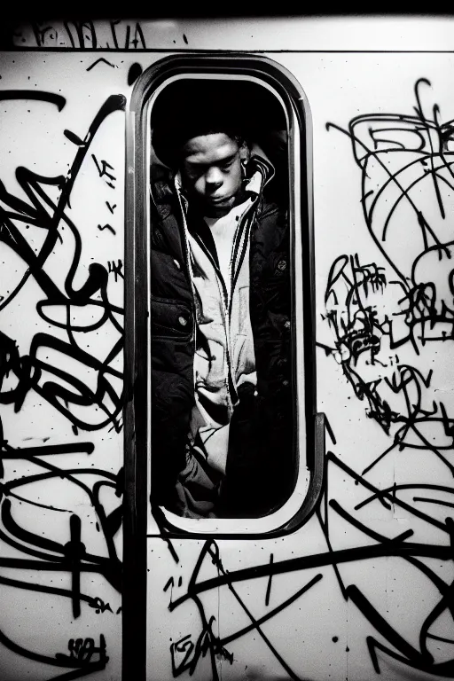 Image similar to subway cabin inside all in graffiti, man in stussy jacket closeup writing graffiti, night, film photography, exposed b & w photography, christopher morris photography