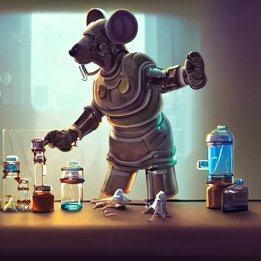 Prompt: illustration mouse cyborg performing a chemistry experiment, in a cluttered lab, lots of beakers, cyberpunk, sci - fi fantasy, intricate, elegant, highly detailed, digital painting, artstation, concept art